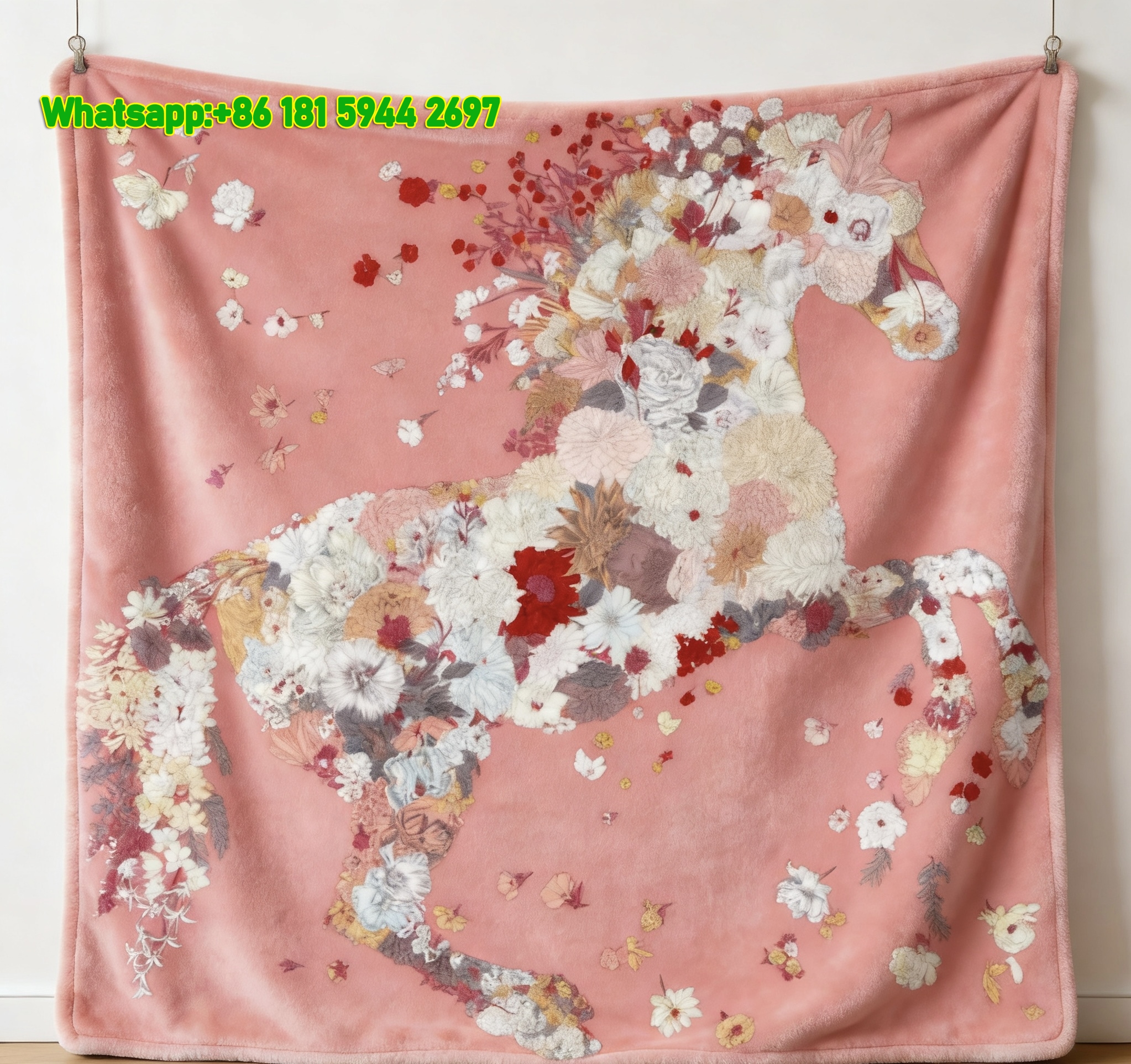 Hermes Pink Botanical Equestrian Art Flannel Throw Blanket for Wall Decor IMG_5448